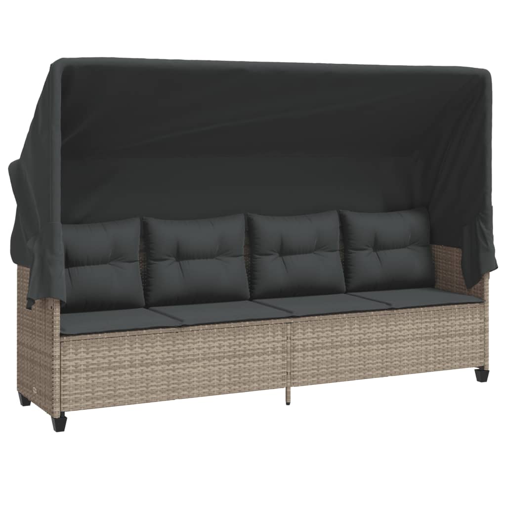 Chaise longue avec auvent et coussins gris clair résine tressée
