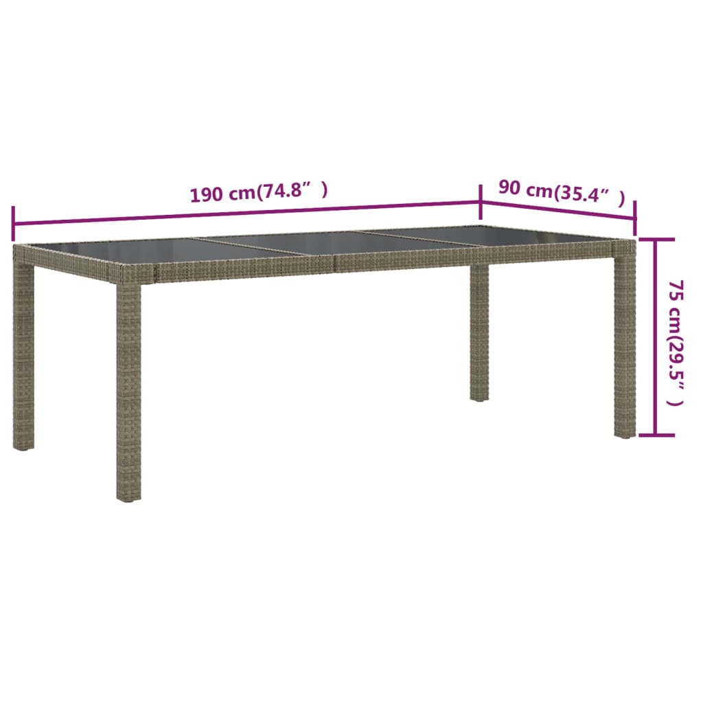 Table de jardin Gris 190x90x75 cm Verre trempé/résine tressée