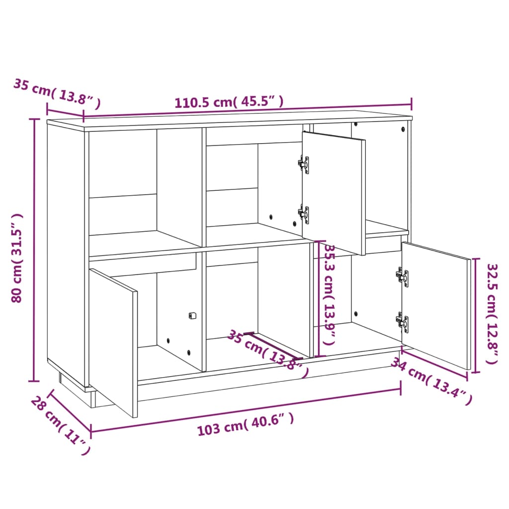 Buffet Blanc 110,5x35x80 cm Bois massif de pin