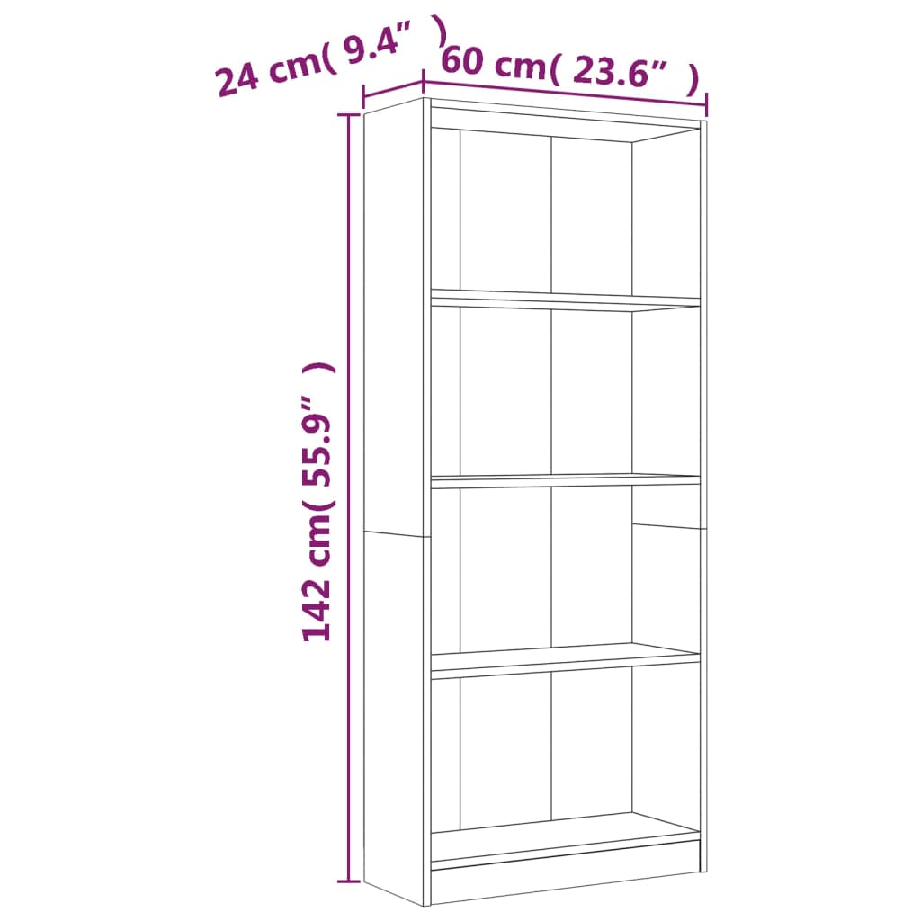 Bibliothèque 4 niveaux Chêne fumé 60x24x142cm Bois d'ingénierie